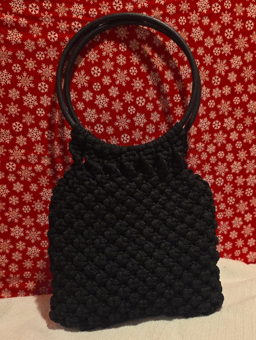 Vintage 1970s Black Macrame Purse with Round Handles